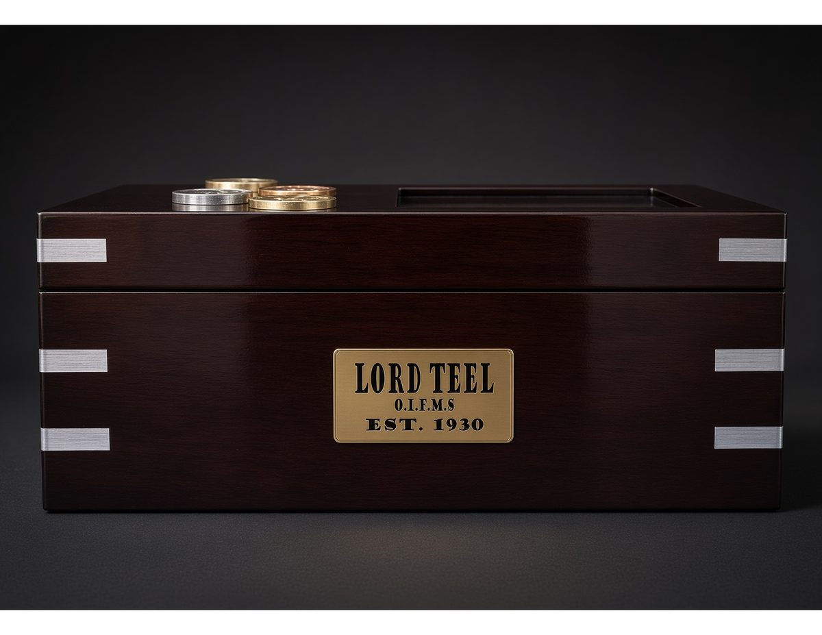 Personalized gold nameplate installed at front center of the presentation box