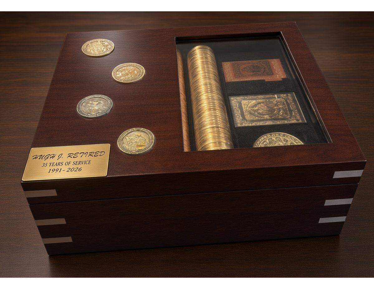 Personalized gold nameplate installed at top left corner of the lid
