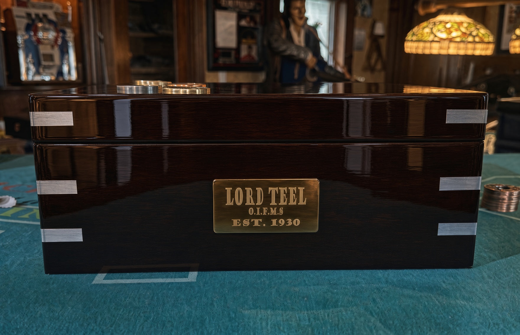 Finished coin box showing one possible placement of the personalized gold nameplate