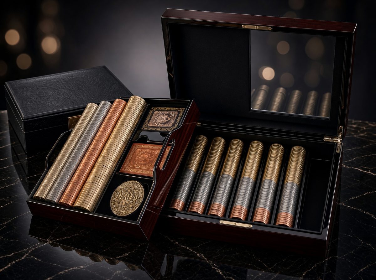 The presentation case with the removable upper tray lifted out, revealing the second fitted level of coin storage below