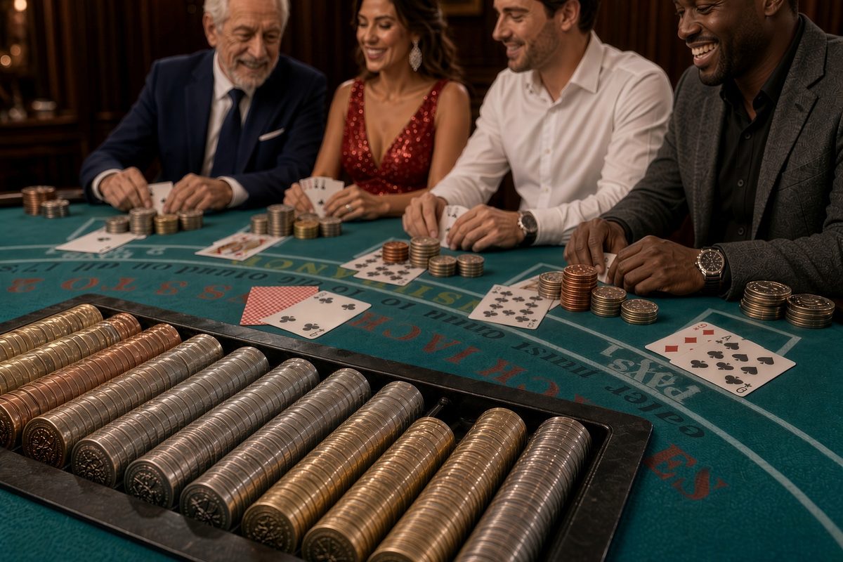 Steel Imperial Coins arranged in a table tray at a 21 table